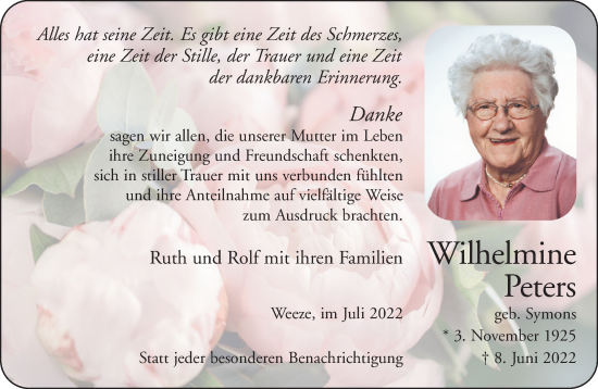 Traueranzeige von Wilhelmine Peters 