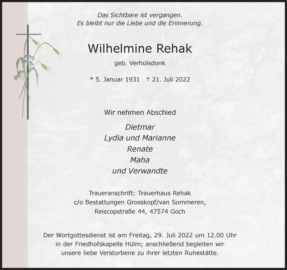  Traueranzeige für Wilhelmine Rehak vom 27.07.2022 aus 