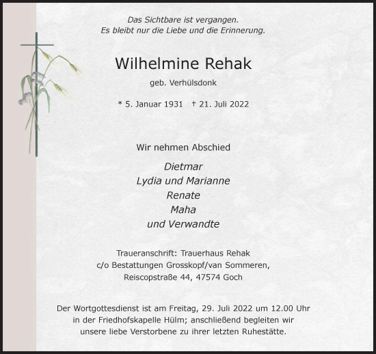 Traueranzeige von Wilhelmine Rehak 