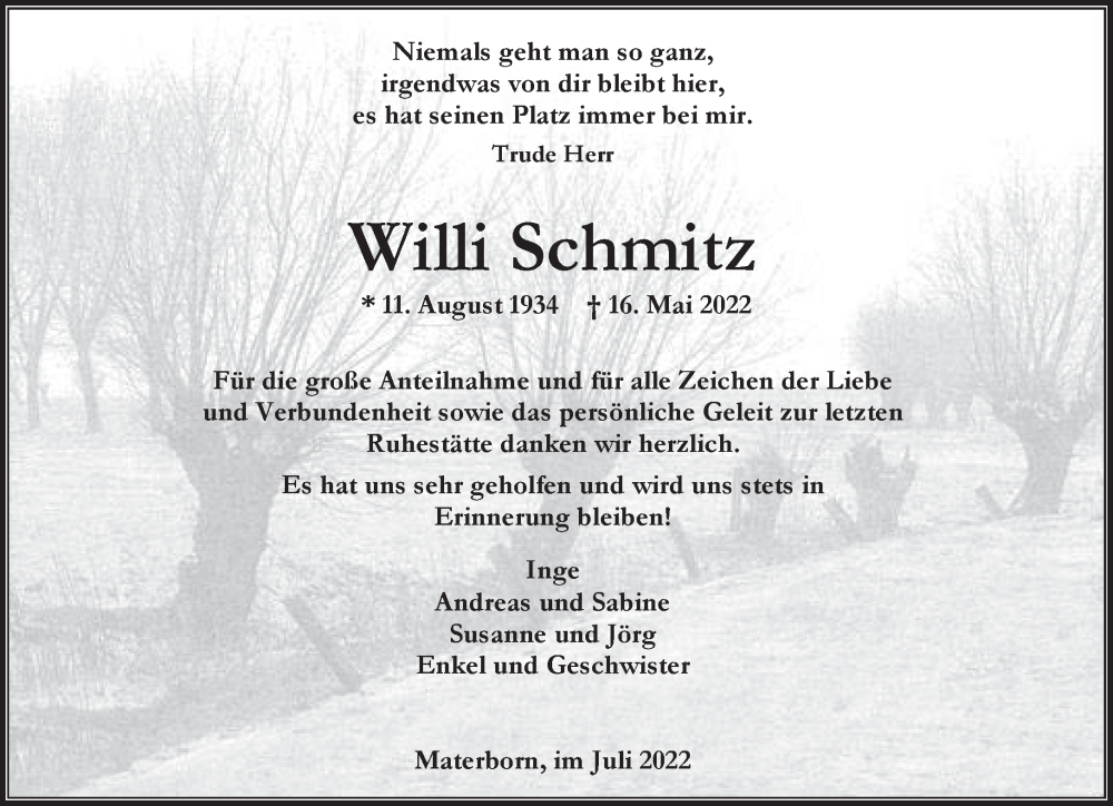  Traueranzeige für Willi Schmitz vom 16.07.2022 aus 