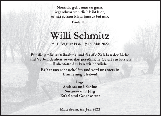 Traueranzeige von Willi Schmitz 
