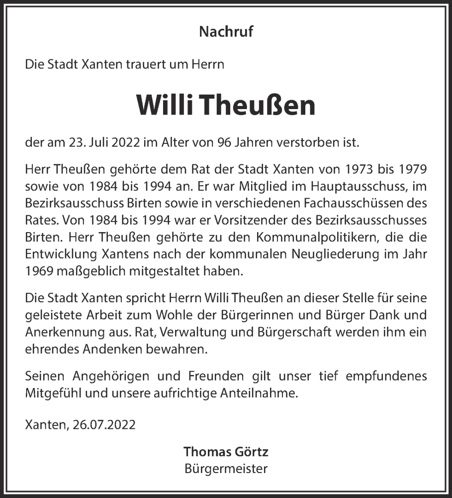  Traueranzeige für Willi Theußen vom 30.07.2022 aus 