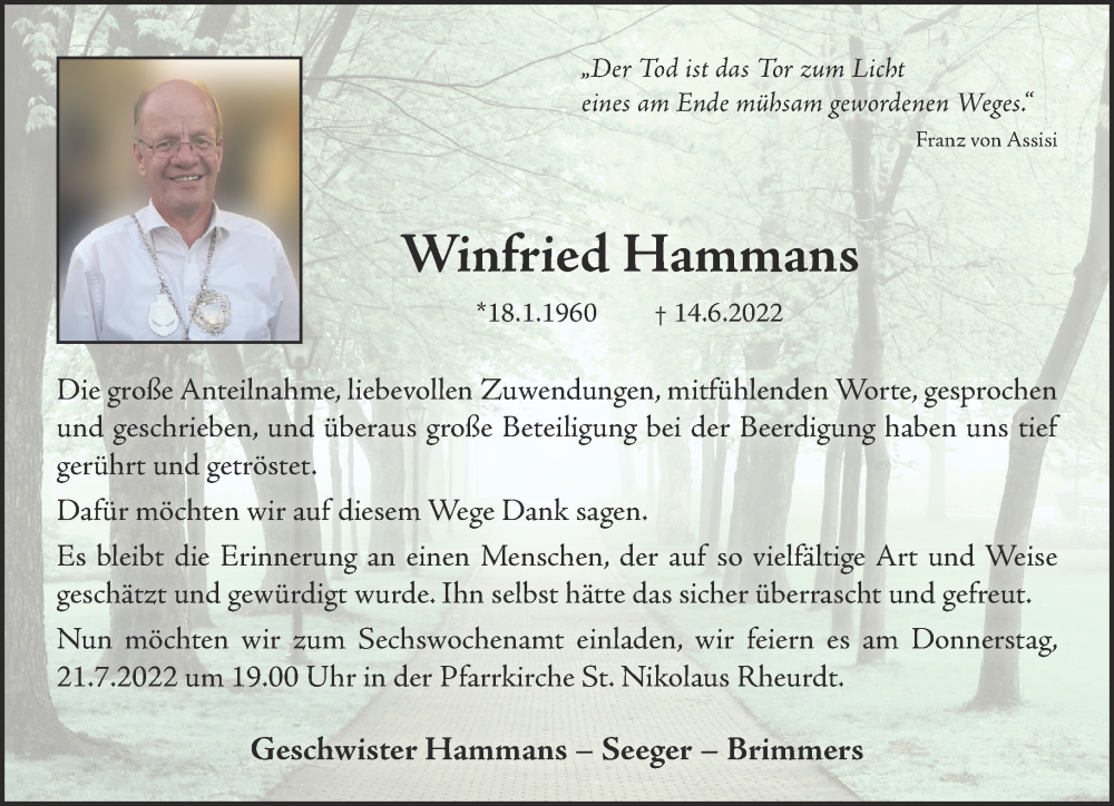  Traueranzeige für Winfried Hammans vom 16.07.2022 aus 