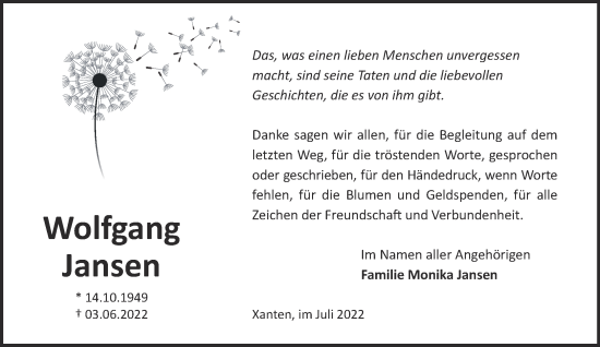 Traueranzeige von Wolfgang Jansen 