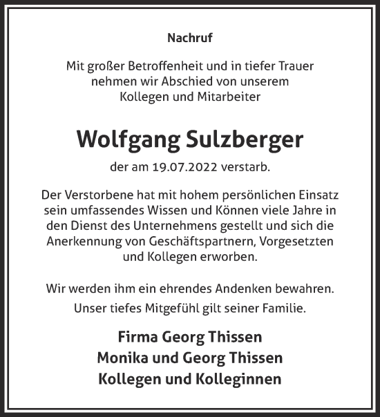 Traueranzeige von Wolfgang Sulzberger 