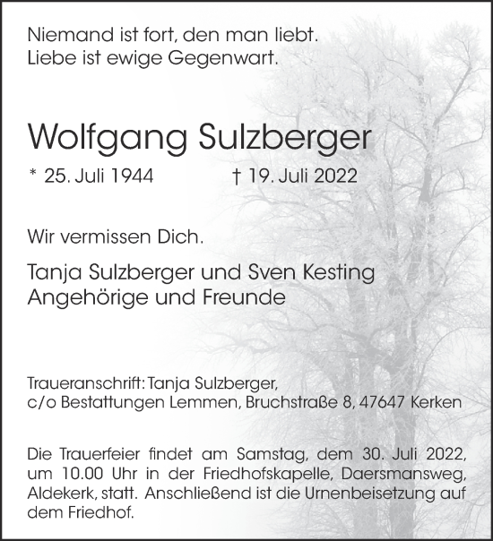 Traueranzeige von Wolfgang Sulzberger 