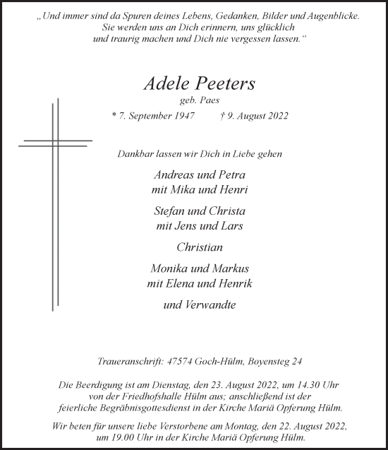 Traueranzeige von Adele Peeters 