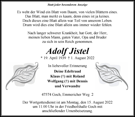 Traueranzeige von Adolf Jistel 