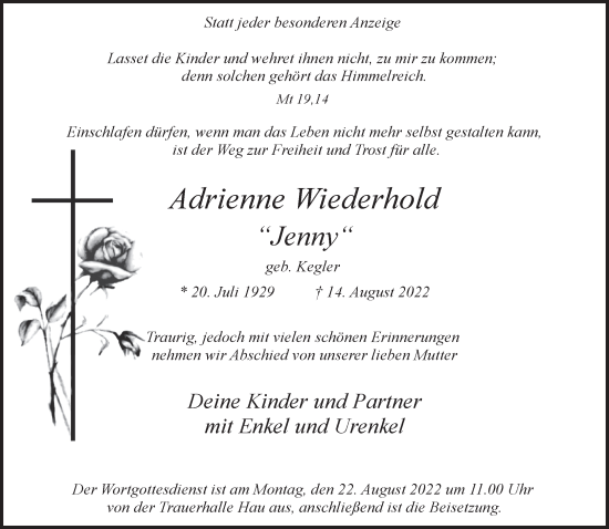 Traueranzeige von Adrienne Wiederhold 
