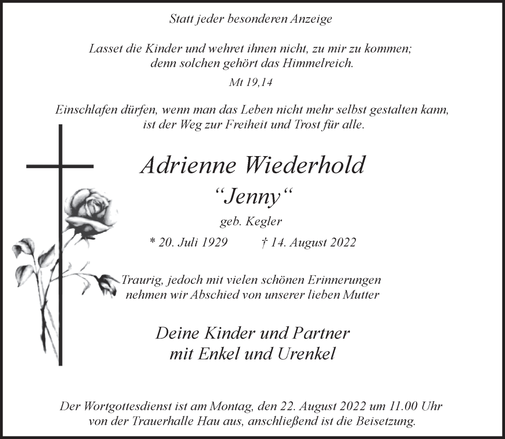  Traueranzeige für Adrienne Wiederhold vom 20.08.2022 aus 