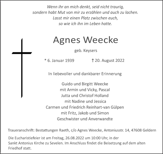 Traueranzeige von Agnes Weecke 