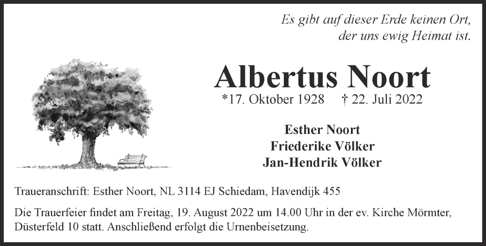  Traueranzeige für Albertus Noort vom 13.08.2022 aus 