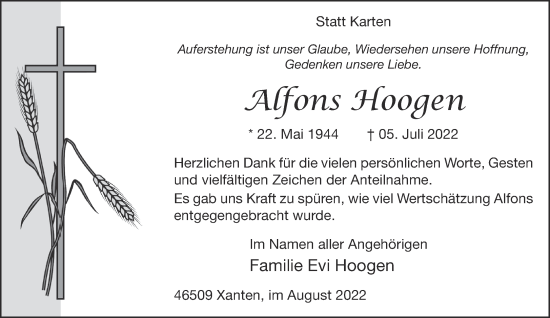 Traueranzeige von Alfons Hoogen 