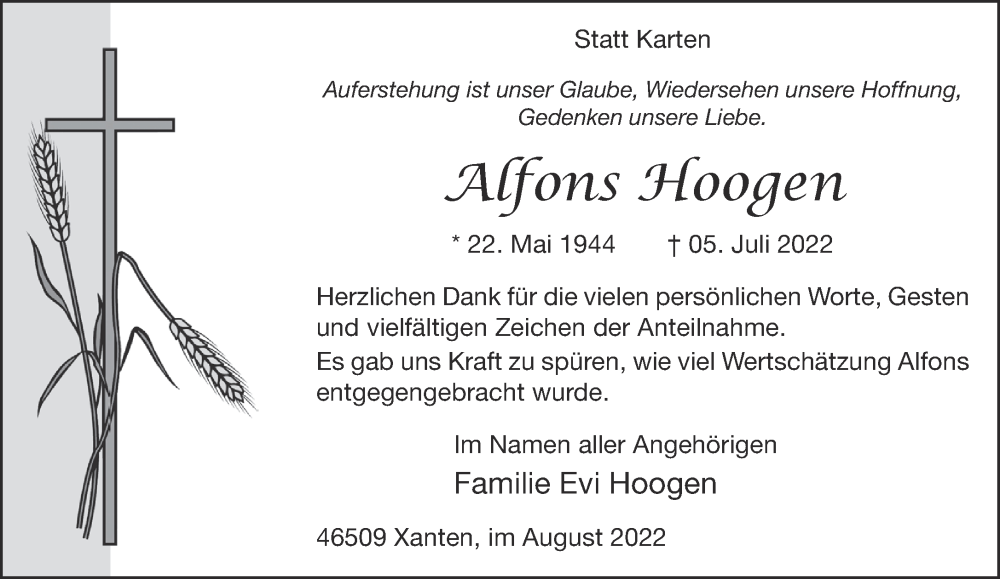  Traueranzeige für Alfons Hoogen vom 20.08.2022 aus 