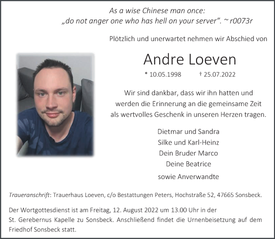 Traueranzeige von Andre Loeven 
