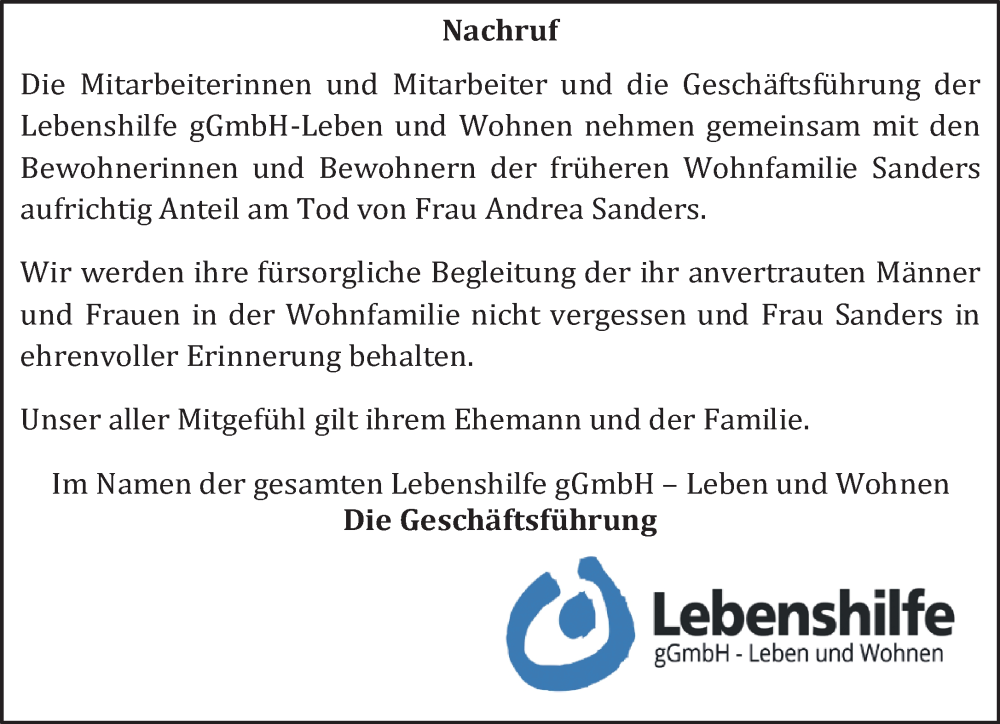  Traueranzeige für Andrea Sanders vom 06.08.2022 aus 