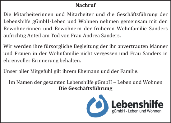 Traueranzeige von Andrea Sanders 