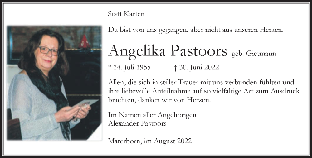  Traueranzeige für Angelika Pastoors vom 06.08.2022 aus 