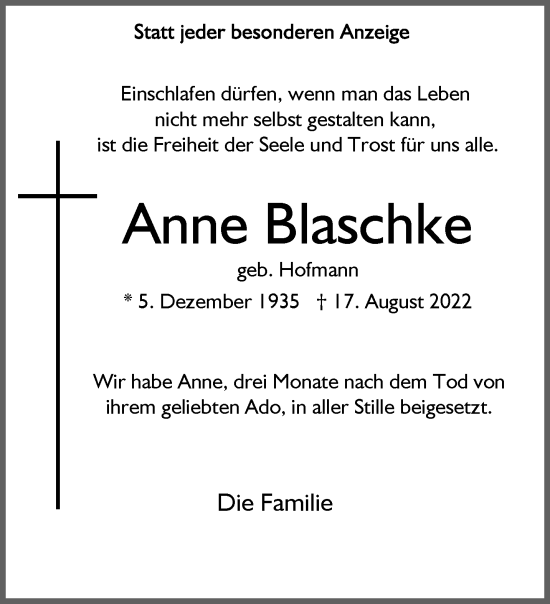 Traueranzeige von Anne Blaschke 