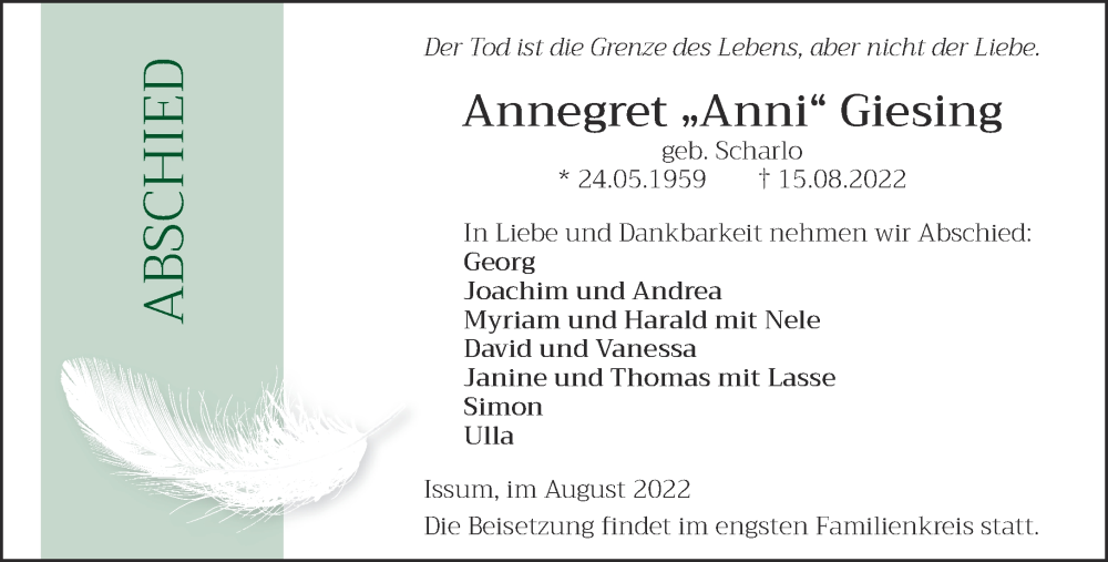  Traueranzeige für Annegret Giesing vom 20.08.2022 aus 