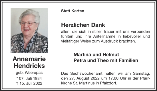 Traueranzeige von Annemarie Hendricks 