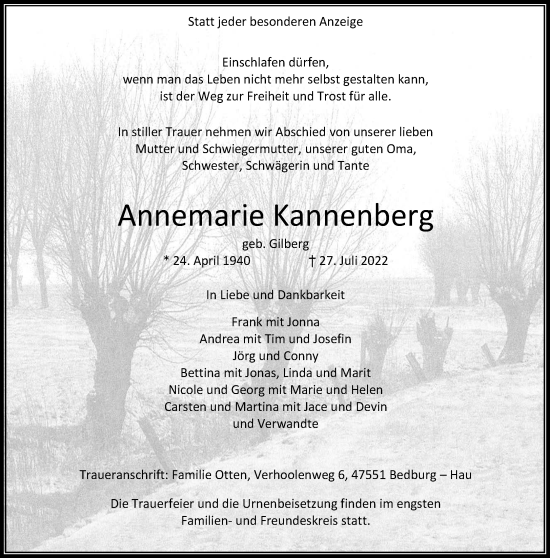 Traueranzeige von Annemarie Kannenberg 
