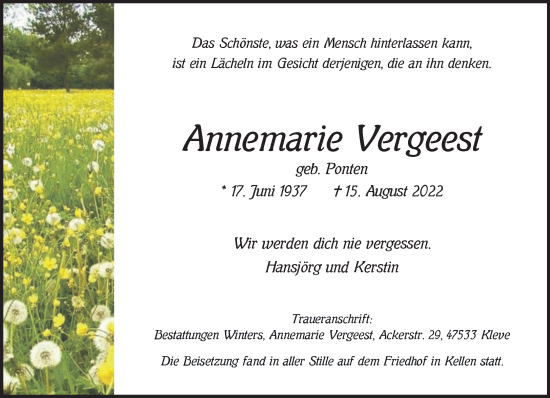 Traueranzeige von Annemarie Vergeest 