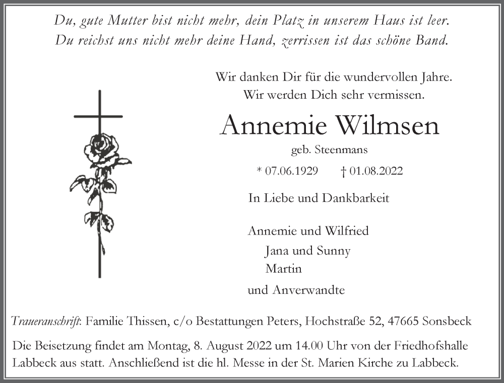  Traueranzeige für Annemie Wilmsen vom 06.08.2022 aus 