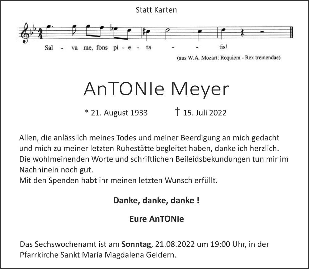  Traueranzeige für Antonie Meyer vom 17.08.2022 aus 