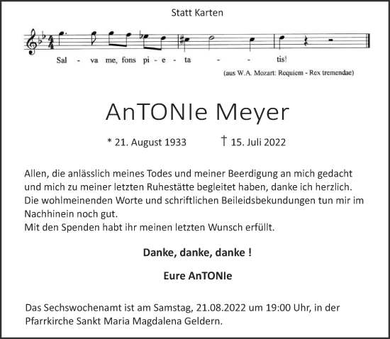 Traueranzeige von Antonie Meyer 