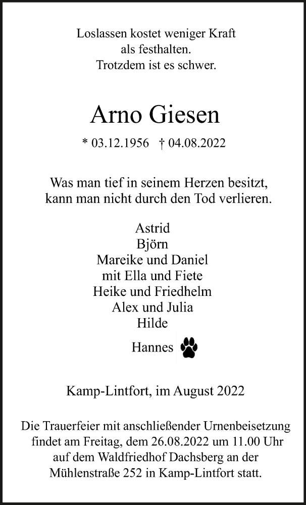  Traueranzeige für Arno Giesen vom 13.08.2022 aus 