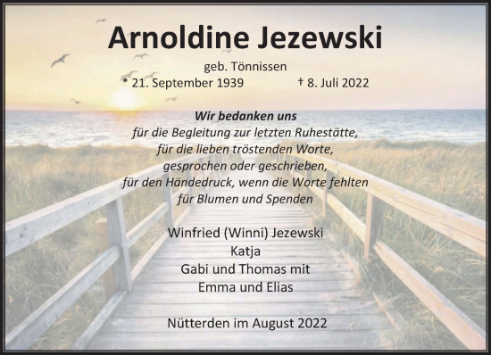 Traueranzeige von Arnoldine Jezewski 