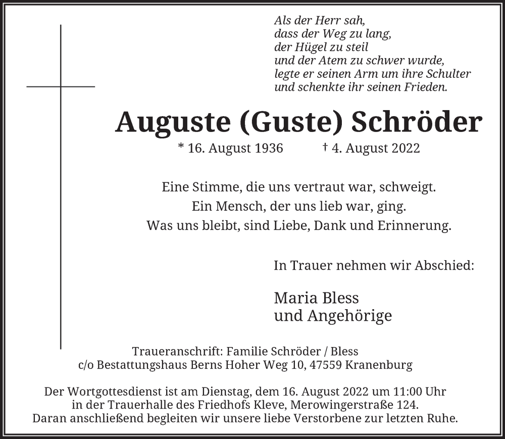  Traueranzeige für Auguste Schröder vom 13.08.2022 aus 