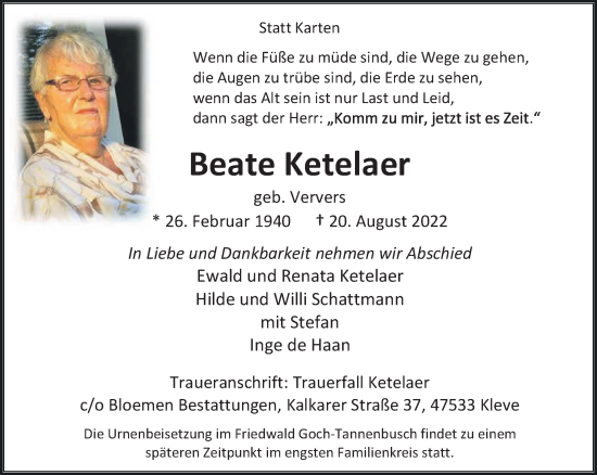 Traueranzeige von Beate Ketelaer 