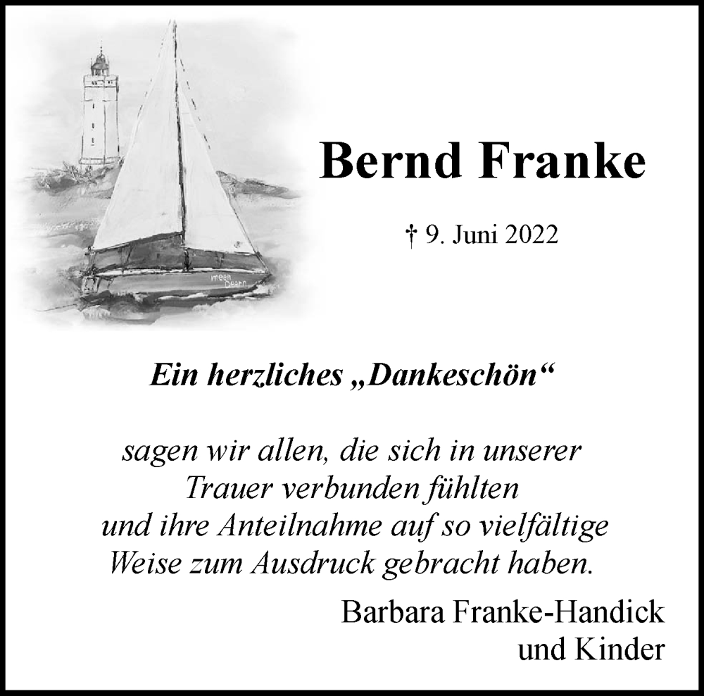  Traueranzeige für Bernd Franke vom 27.08.2022 aus 