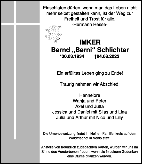 Traueranzeige von Bernd Schlichter 