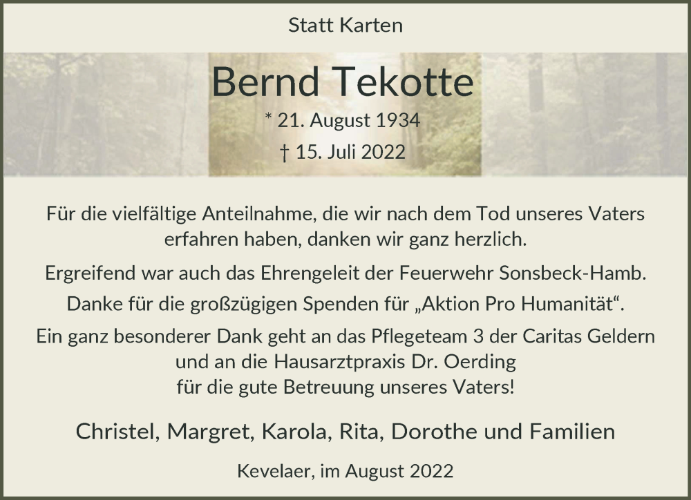  Traueranzeige für Bernd Tekotte vom 27.08.2022 aus 