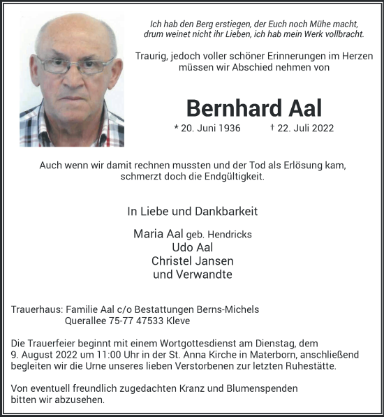 Traueranzeige von Bernhard Aal 