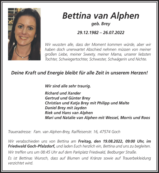 Traueranzeige von Bettina van Alphen 