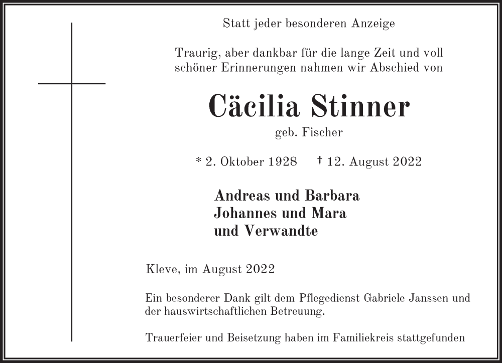  Traueranzeige für Cäcilia Stinner vom 24.08.2022 aus 