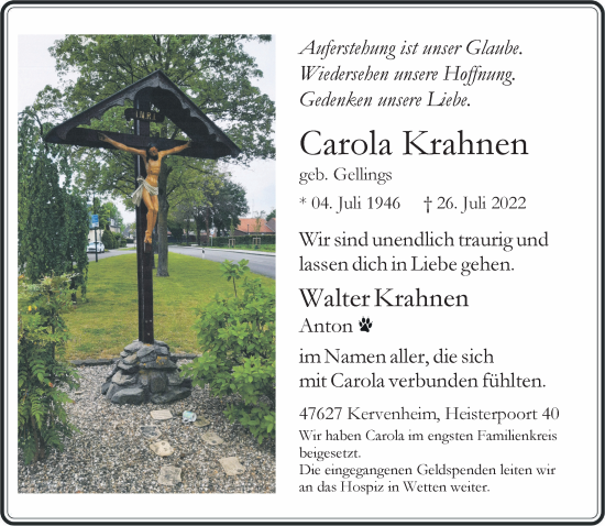 Traueranzeige von Carola Krahnen 