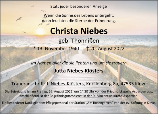 Traueranzeige von Christa Niebes 