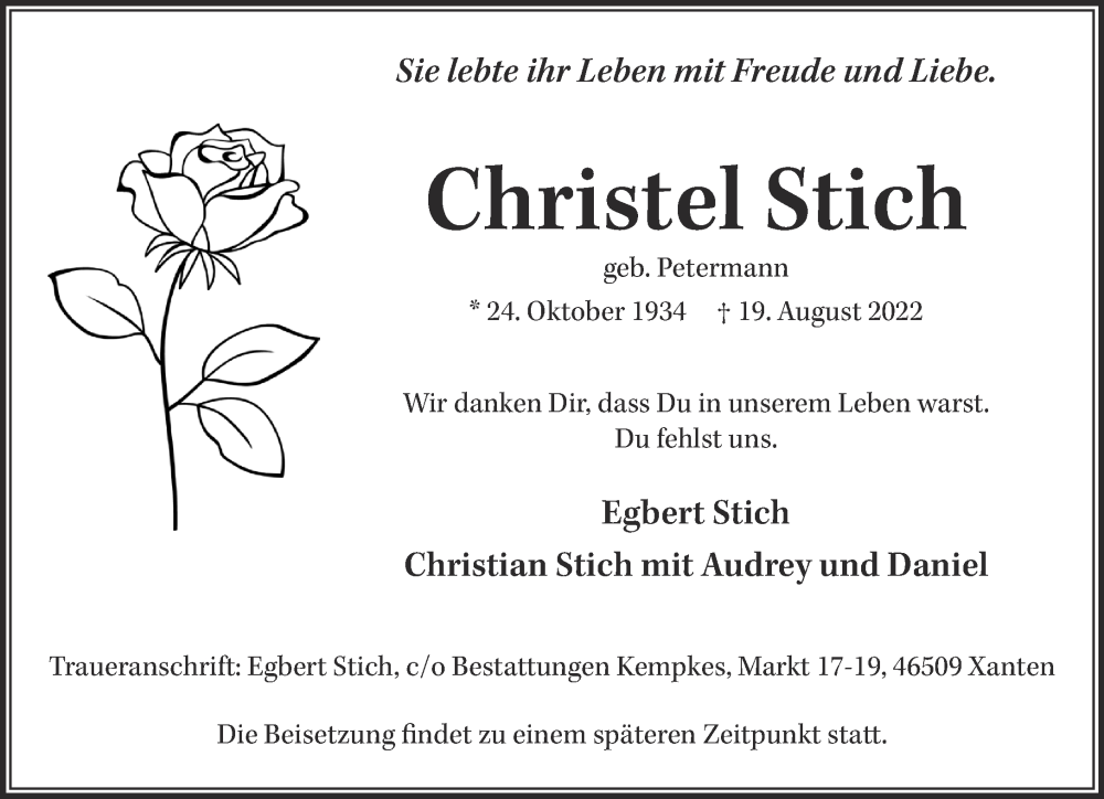  Traueranzeige für Christel Stich vom 27.08.2022 aus 