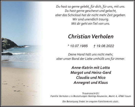 Traueranzeige von Christian Verholen 