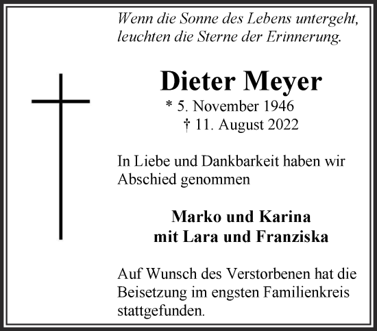 Traueranzeige von Dieter Meyer 