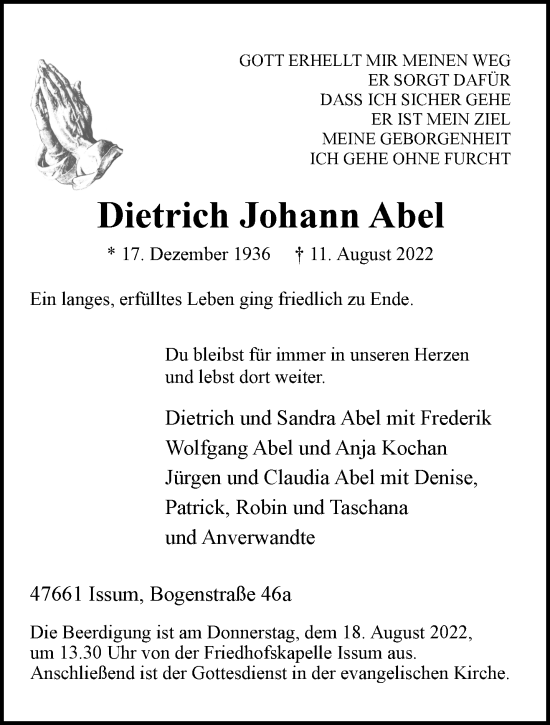 Traueranzeige von Dietrich Johann Abel 