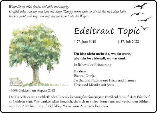 Traueranzeige von Edeltraut Topic 