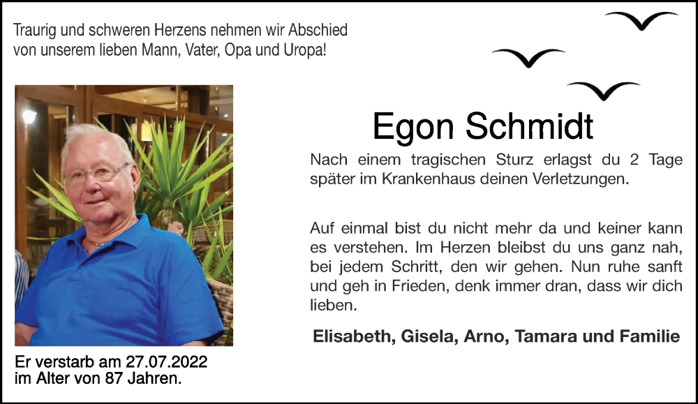  Traueranzeige für Egon Schmidt vom 03.08.2022 aus 