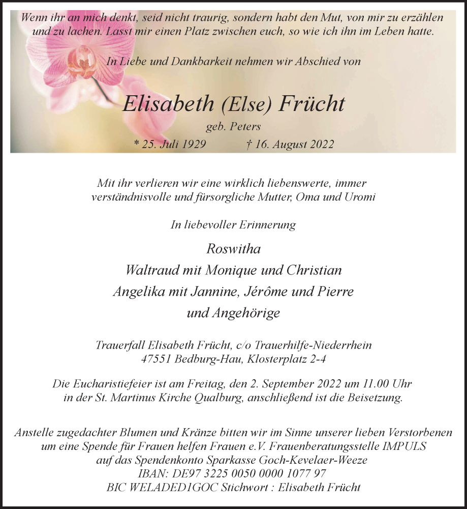  Traueranzeige für Elisabeth  Frücht vom 27.08.2022 aus 