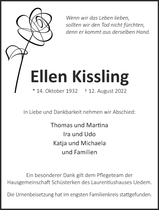 Traueranzeige von Ellen Kissling 